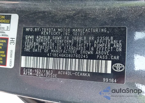 2008 Toyota Camry Le z USA, uszkodzony, nr VIN 4T1BE46K08U760245